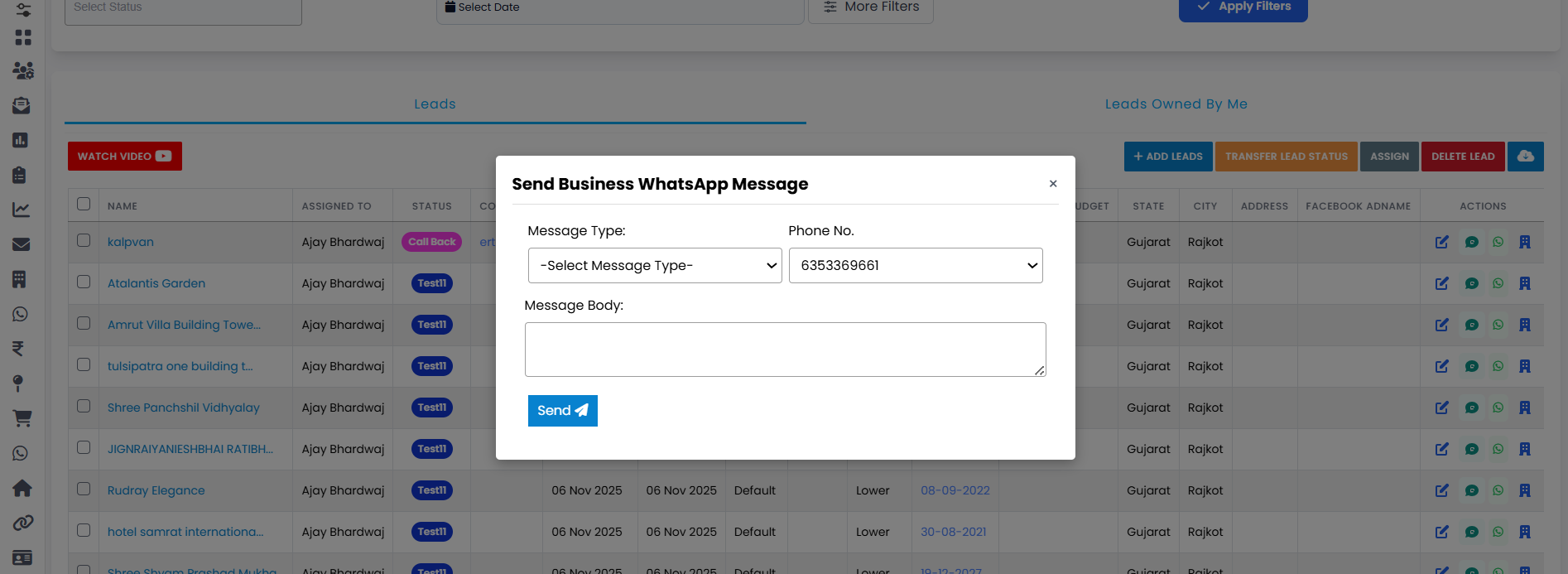 Business WhatsApp Template – Send View