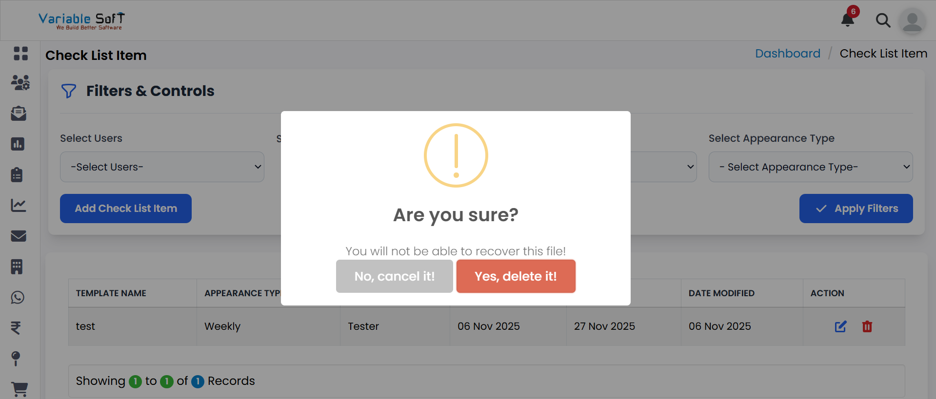 DeleteCheckList screen