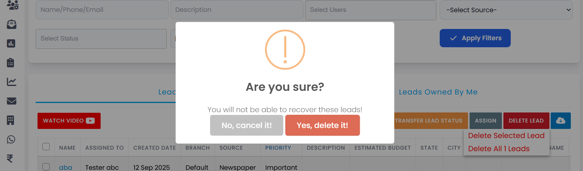 Delete Lead – Desktop View