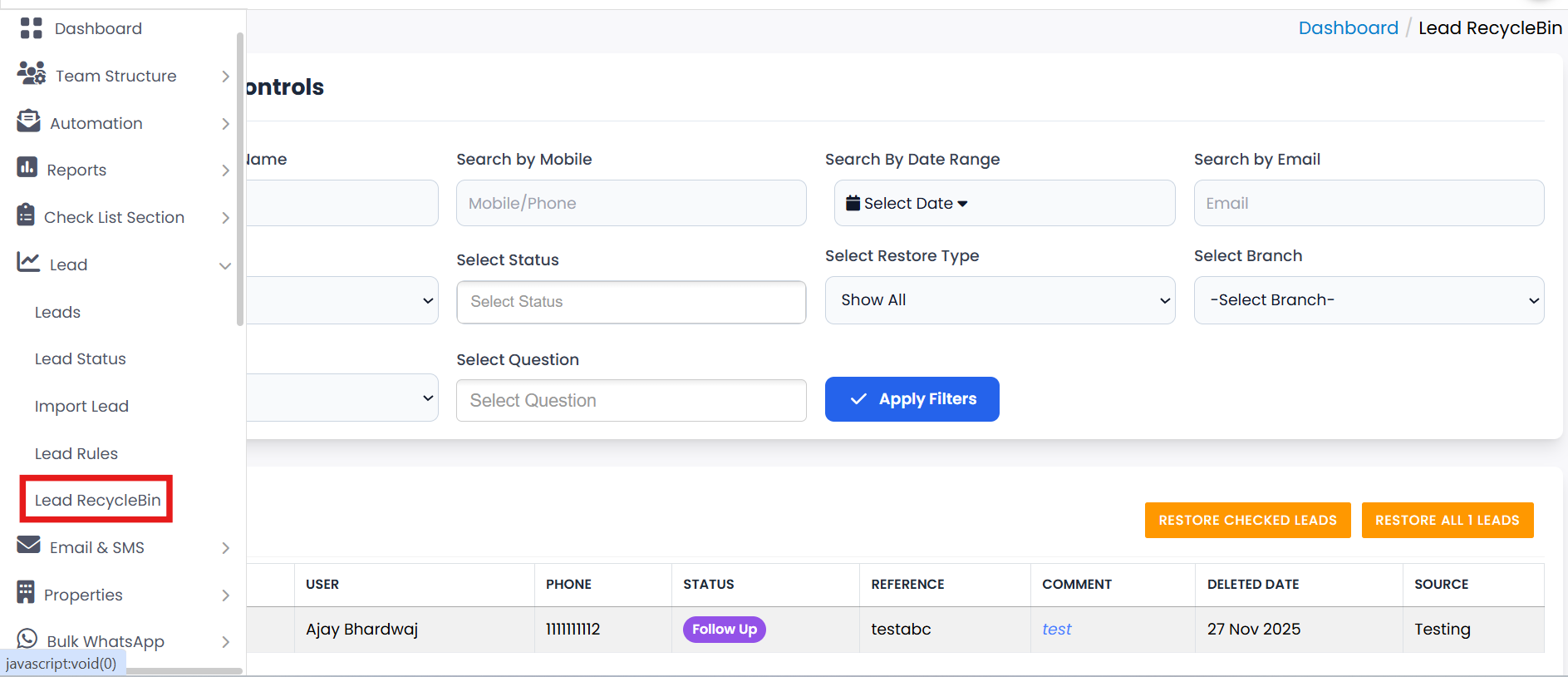 Lead RecycleBin List