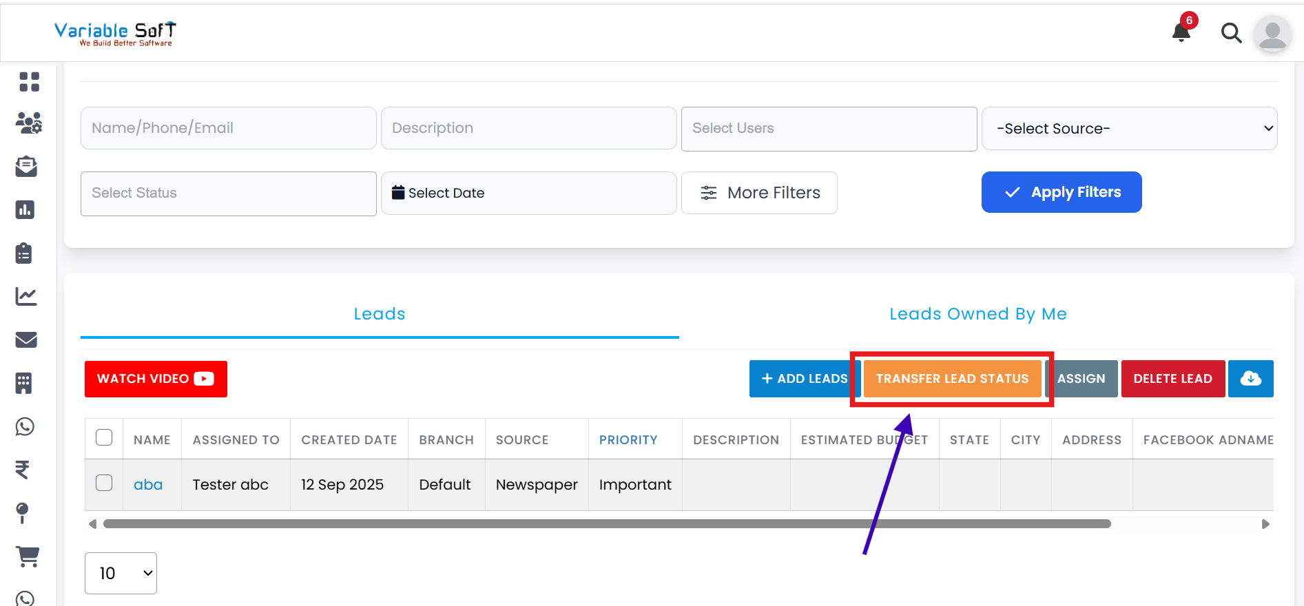 Transfer Lead Status â€“ Select and Open